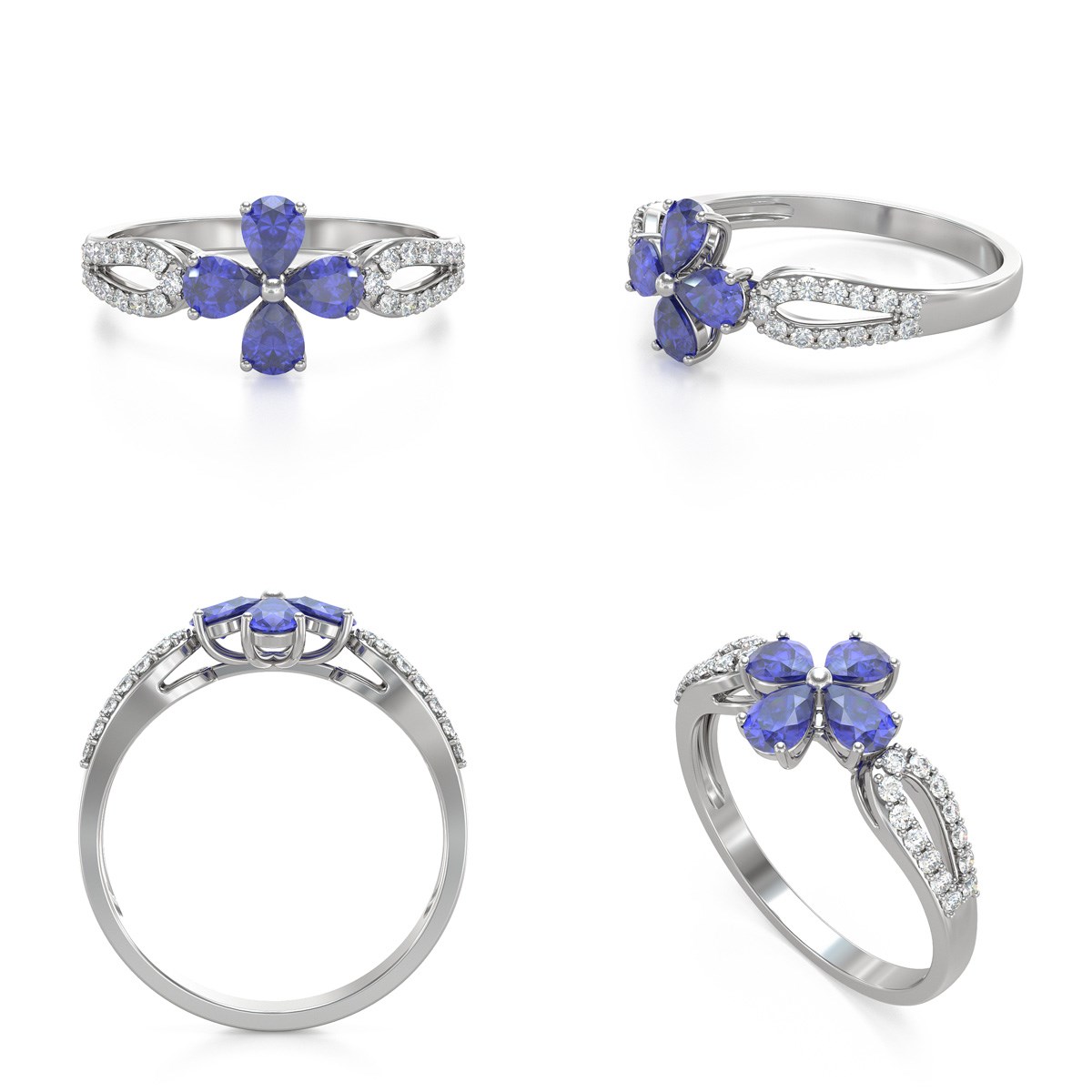 Bague ADEN Or 585 Blanc Fleur Tanzanite et diamants 1.95grs