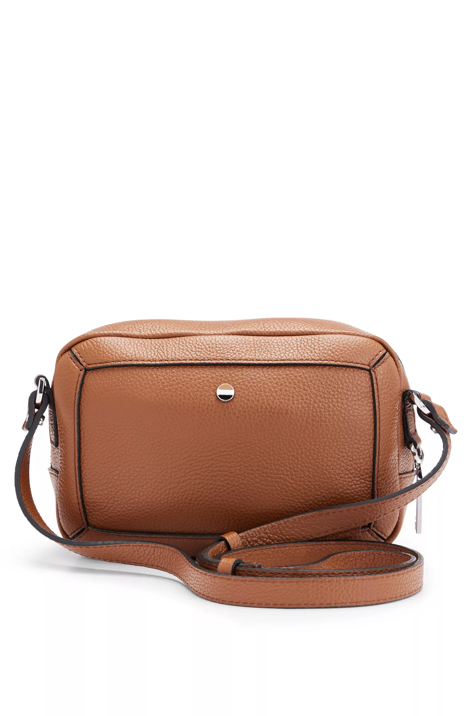 Bolsa transversal BOSS em couro granulado preto com detalhes da marca.