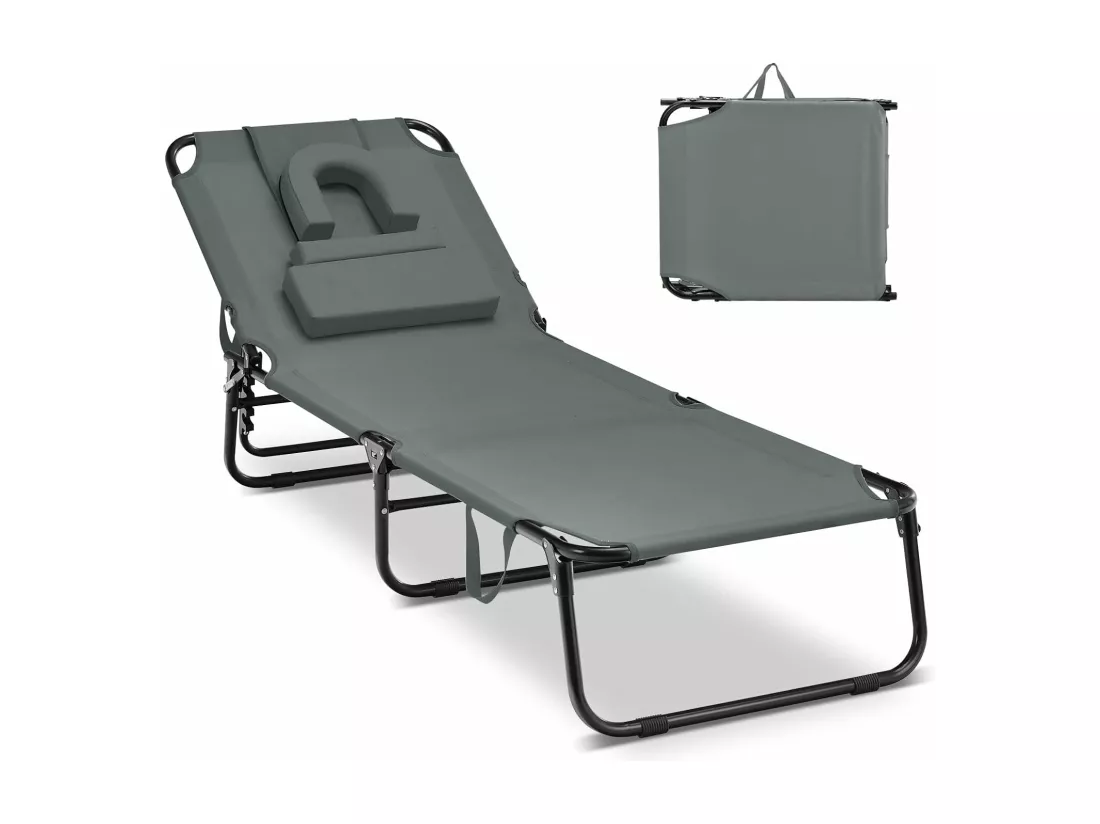 Chaise Longue Pliante Réglable à 5 Positions avec Trou pour Visage, Bain de Soleil en Tissu et velours Oxford avec 3 Coussins Amovibles, Charge 160 KG, pour Piscine Plage, Cour, CamBoisg(Gris)