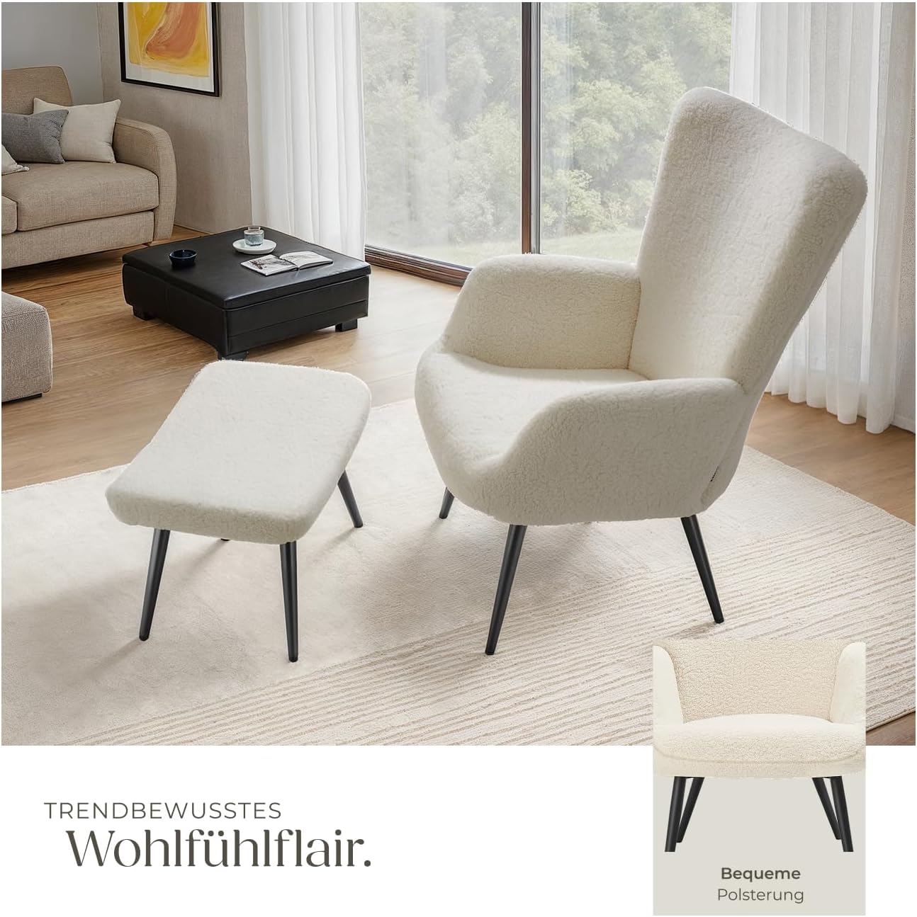 tectake® Skandinavischer Stil Ohrensessel, Sessel Hygge mit Hocker, Breitcordbezug, Sessel Wohnzimmer, Schlafzimmer, Esszimmerstuhl, Statement Loungesessel, belastbar bis 150 kg - Bouclé creme/schwarz