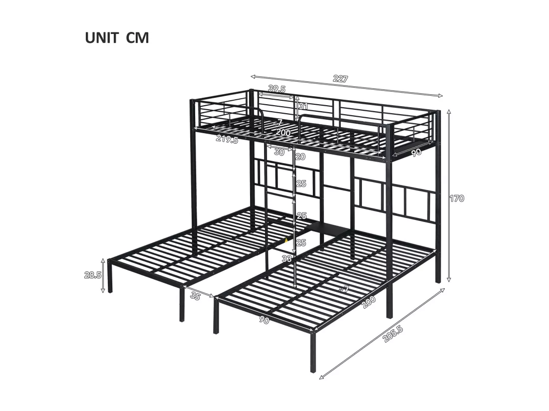 Trois lits, lits superposés avec échelle pour enfants et adolescents, lit en fer avec dispositif anti - chute et table, Noir (90x200cm * 3)