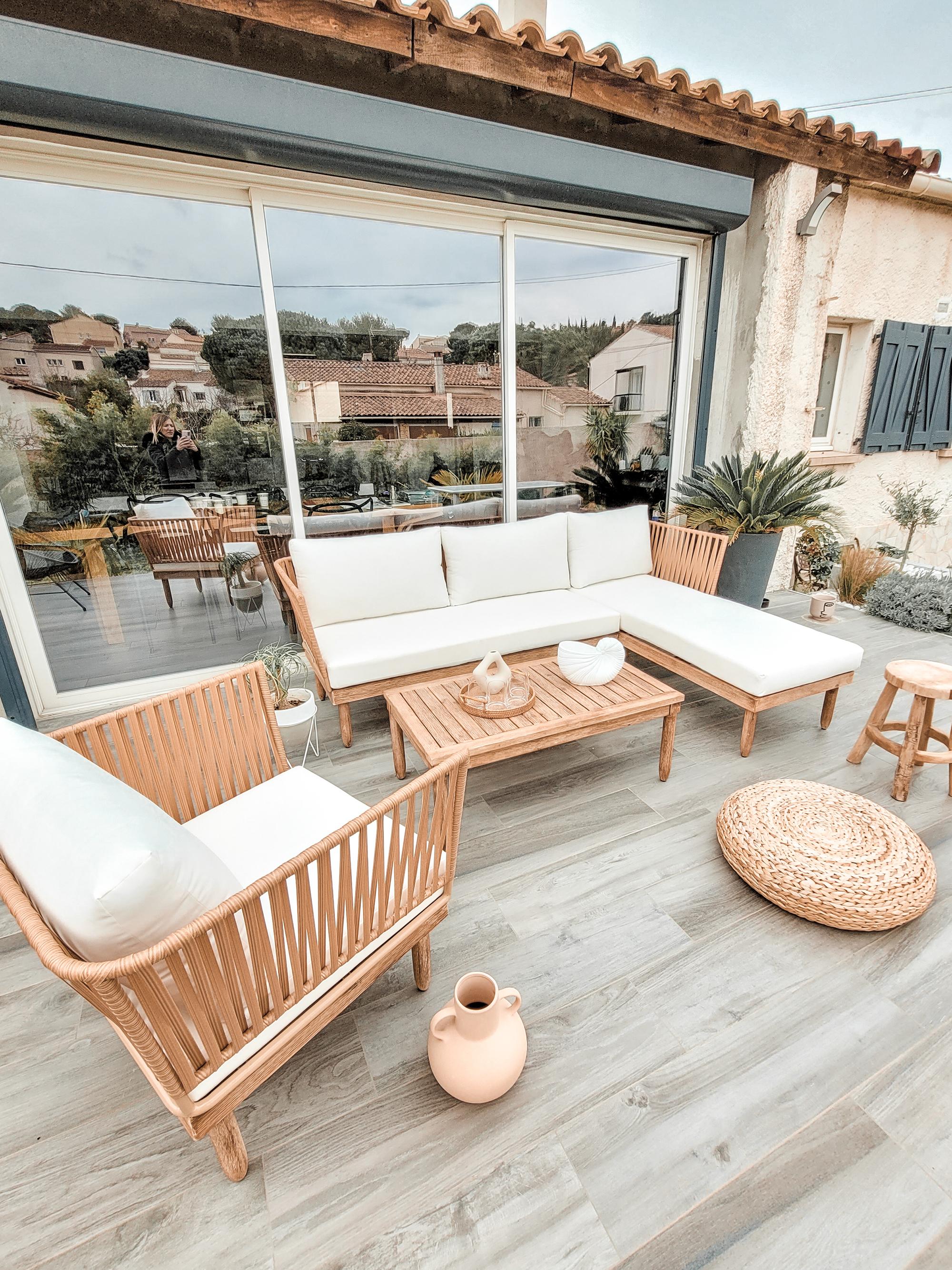 Loungeset met tafel 4-zits CREMONA rechtszijdig Acaciahout Gebroken wit
