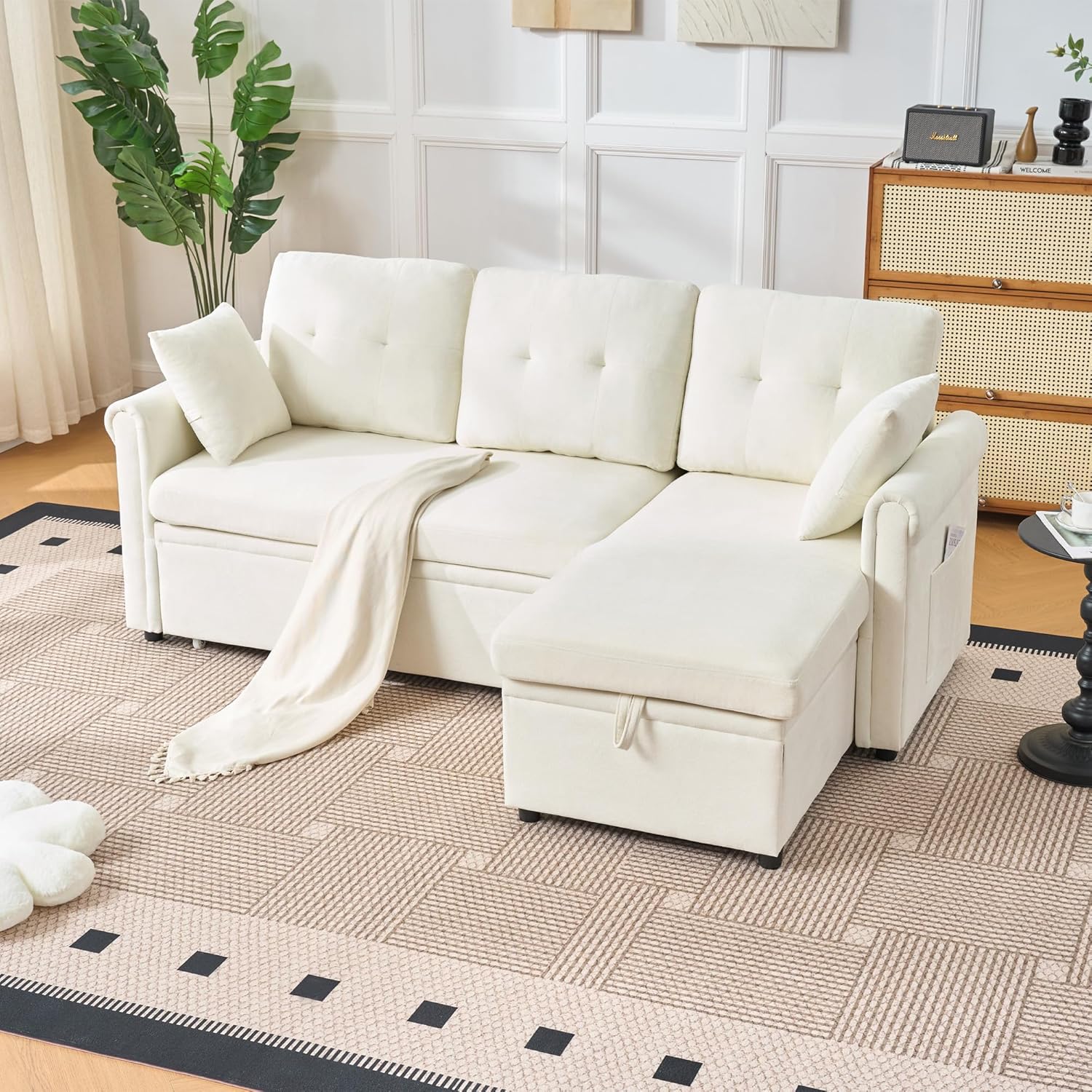 Merax Sofa Ecksofa mit Schlaffunktion, Praktisches Schlafsofa mit Bettkasten, L-Form Schlafcouch mit Stauraum&Seitentaschen, Links und Rechts austauschbar, Chenille, für Wohnzimmer/Schlafzimmer, Beige