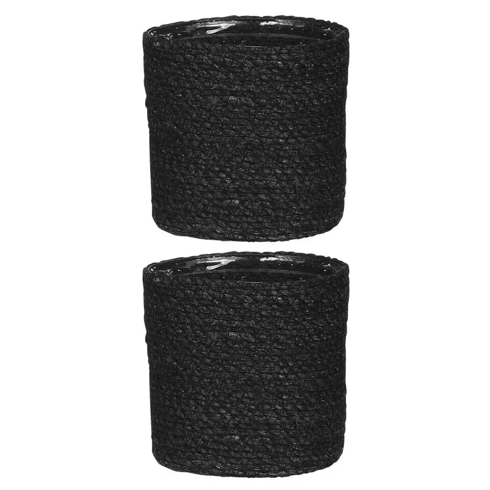 Mica Decorations Bloempot - rotan - zwart - jute - 14 x 14 cm