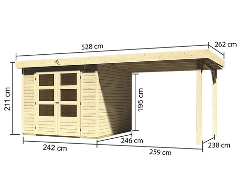 Karibu Kodiak 3.5 tuinhuis met lessenaarsdak, 2,75 m, 528,5 x 262 cm, natuurlijke afwerking
