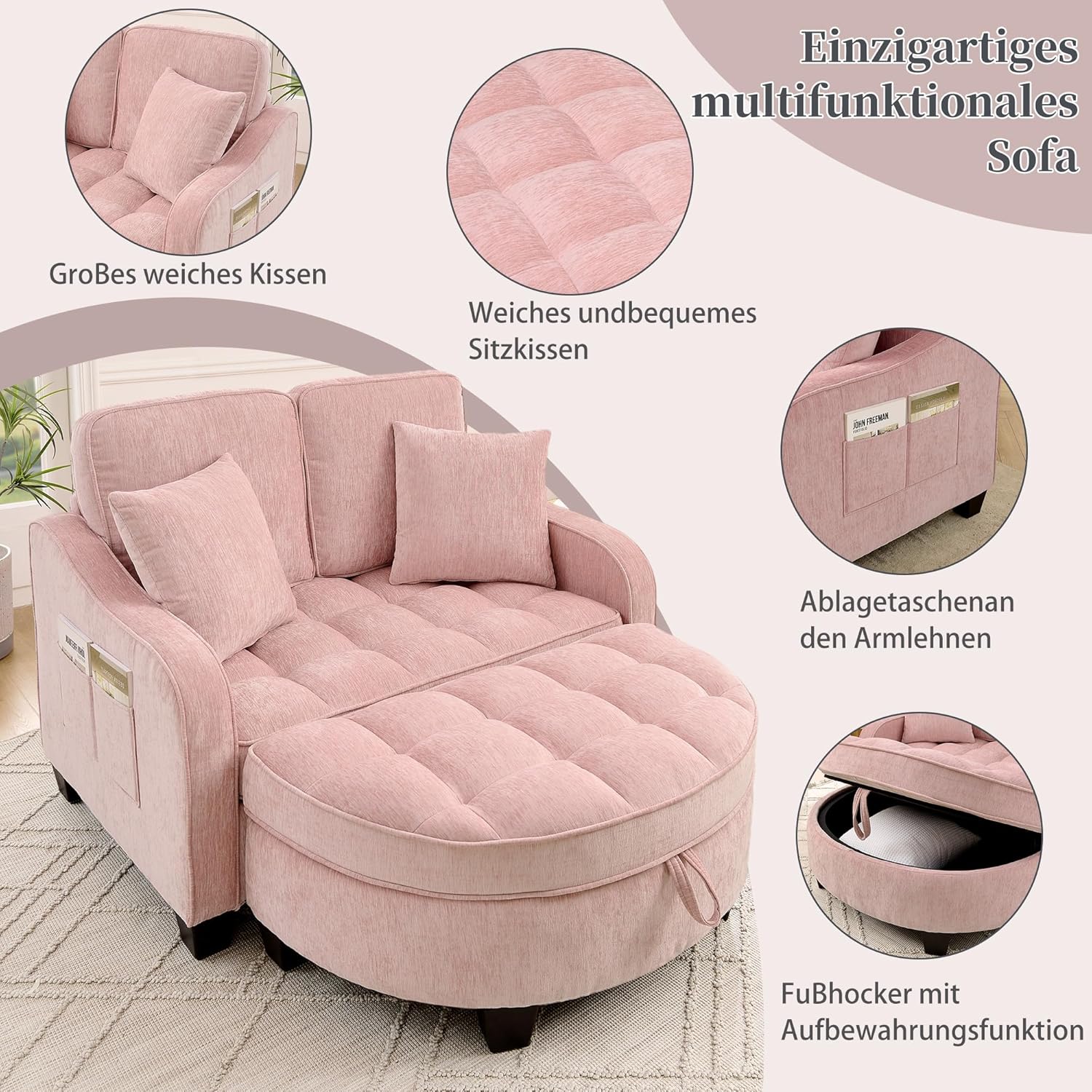 Sofa mit Schlaffunktion, 2-in-1 Schlafsofa, Modulares Sofa, Aufbewahrungs-Hocker & 4 Kisse, für Kleine Wohnzimmer, Studienzimmer, Schlafzimmer, 132×129×93cm (Rosa)