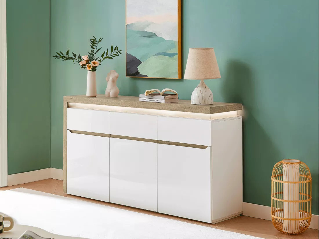 Buffet 3 portes et 3 tiroirs avec LEDs en MDF - Blanc laqué et Naturel - VADEMOSA