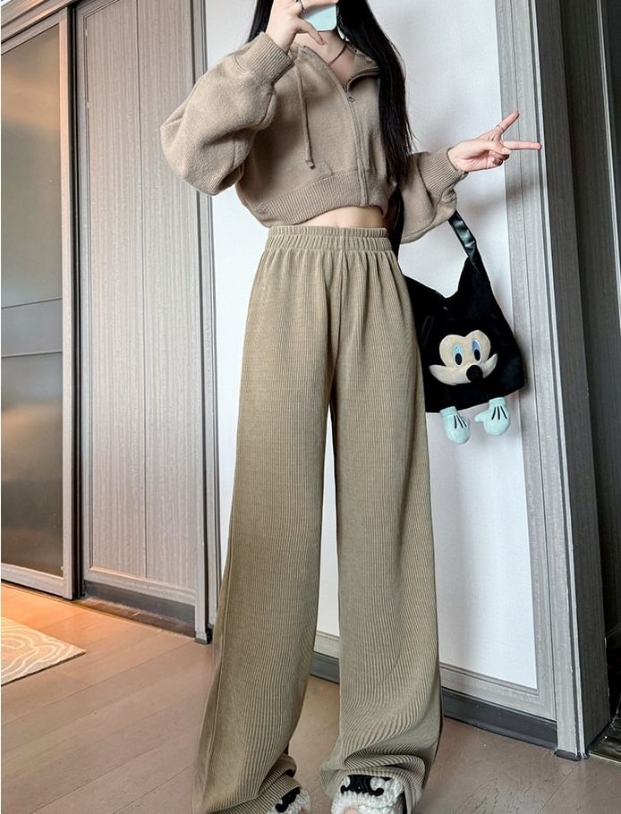 evanesce - Corduroy hoge taille elastische taille rib wijde pijpen broek