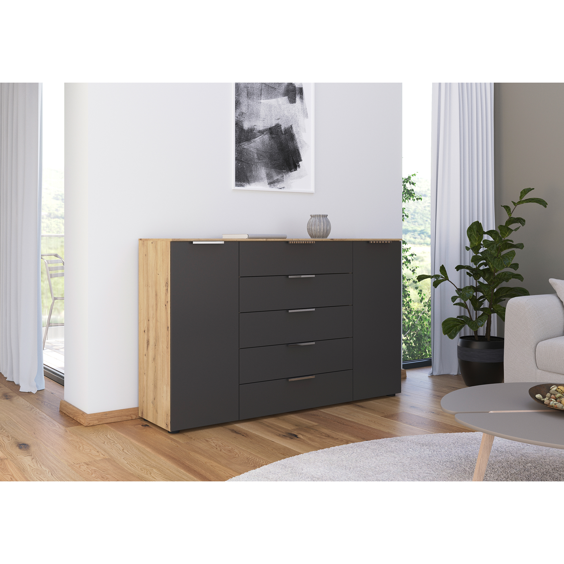 Kommode - Artisan Eiche-graphit - Chromgriffe - 160 cm