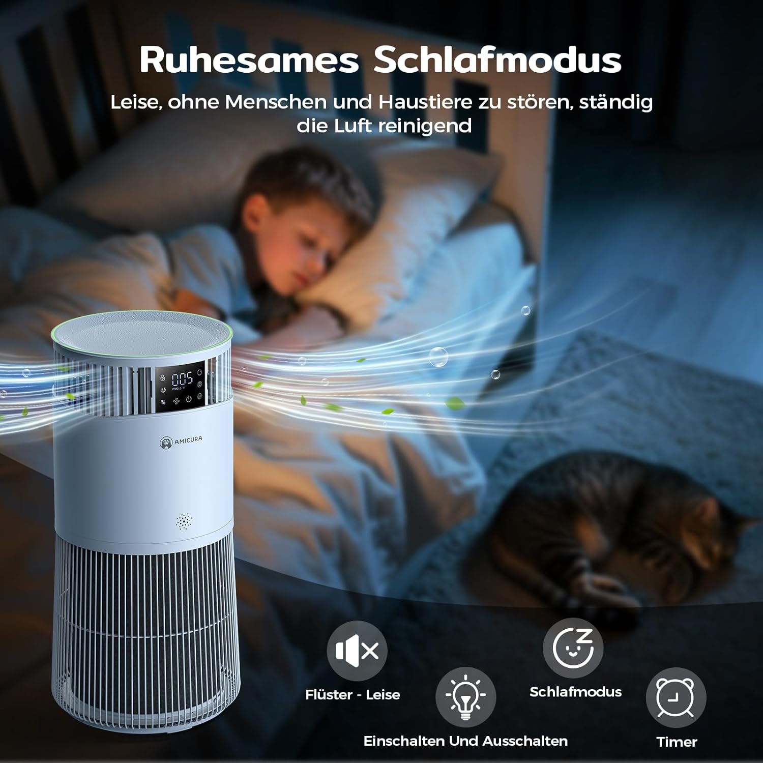 P2 Luftreiniger mit H13 HEPA Filter, 92% Tierhaare Entfernung, 99% Geruchsentfernung für Allergiker & Haustiere, Intelligent, App Steuerung,