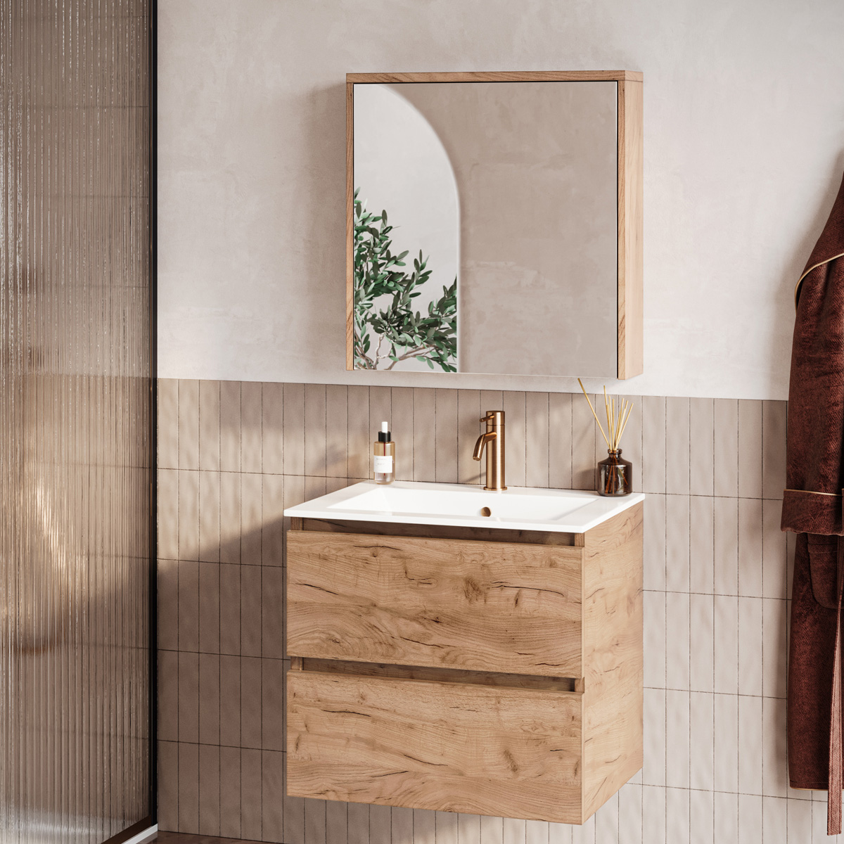 Fontana Rovigo badmeubel 60cm warm eiken met witte wastafel met kraangat en spiegelkast zonder verlichting