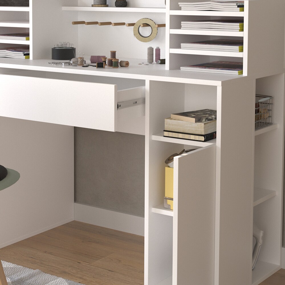 Vicco Schreibtisch Basteltisch XL 126,8 x 100 cm, Weiß mit Regale, Schubfach