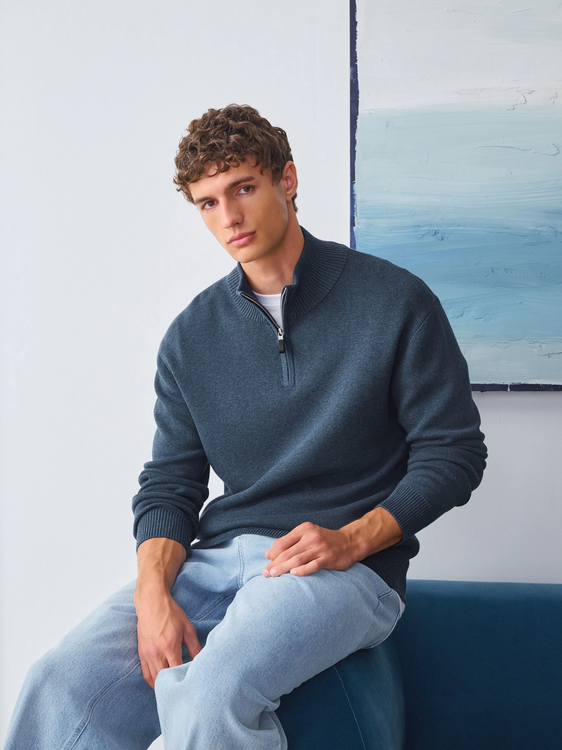 Normaal blauw - Effen - Regular fit 100% katoenen premium trui met korte rits