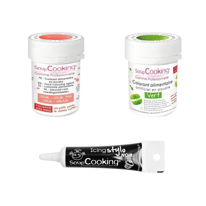 2 colorants alimentaires corail-vert + Stylo glaçage noir Scrapcooking