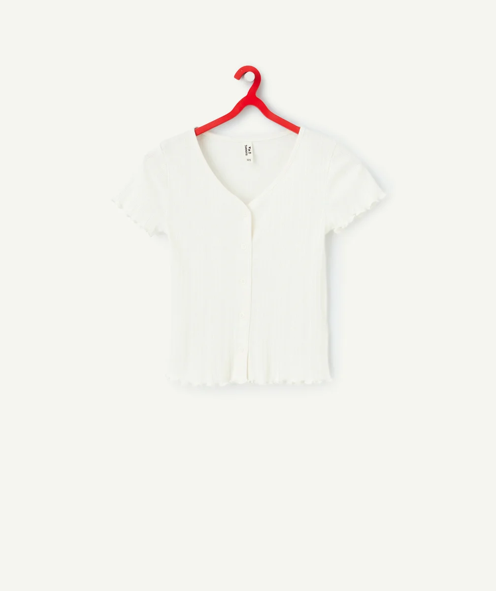 T-SHIRT TRICOT FILLE EN COTON BIO CÔTELÉ ÉCRU AVEC FESTONS
