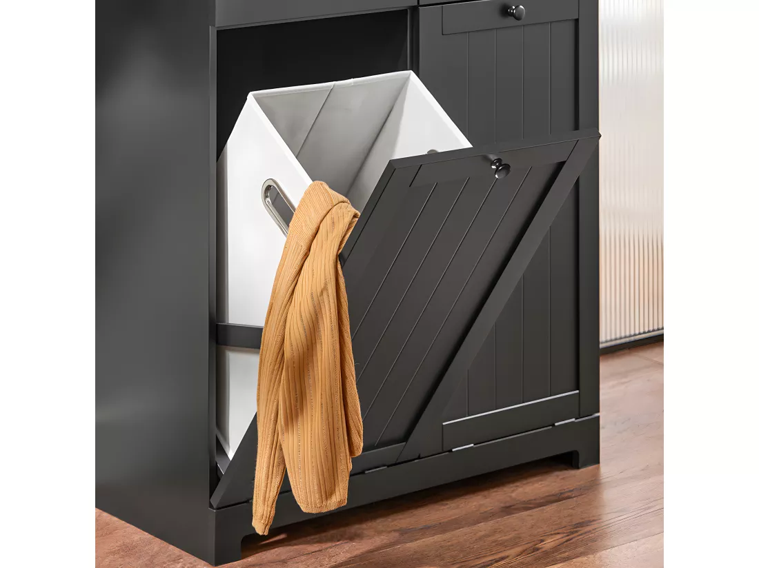 SoBuy Meuble Bas de Salle de Bain Armoire Toilette avec 2 Tiroirs et 2 Paniers à Linge Meuble de Rangement Coffre à Linge L78xP38xH91cm, Noir, BZR33-SCH