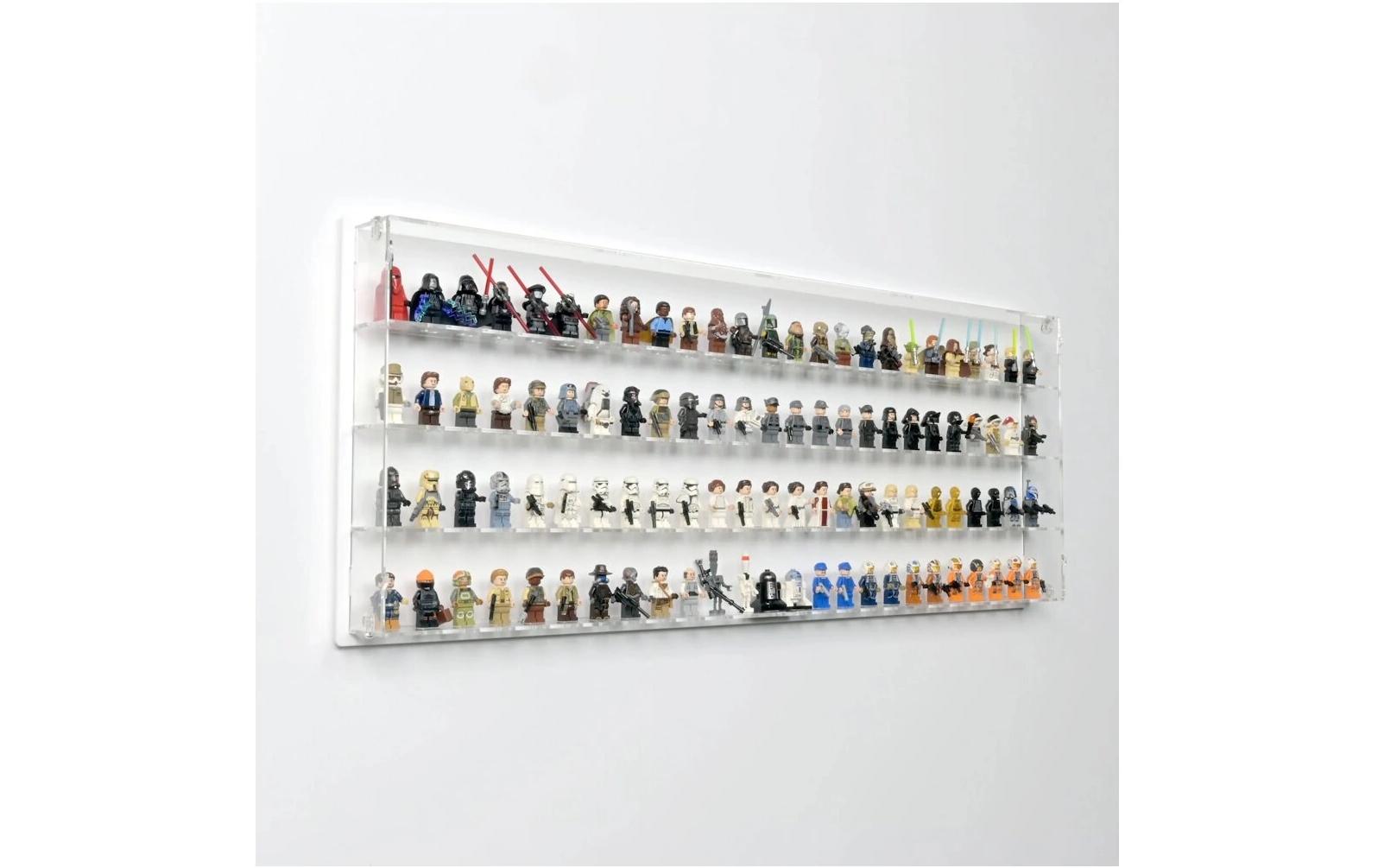 Baukasten Acryl-Wand-Display für 100 LEGO-Minifiguren<br>Acry-Display-Box mit weissem Hintergrund