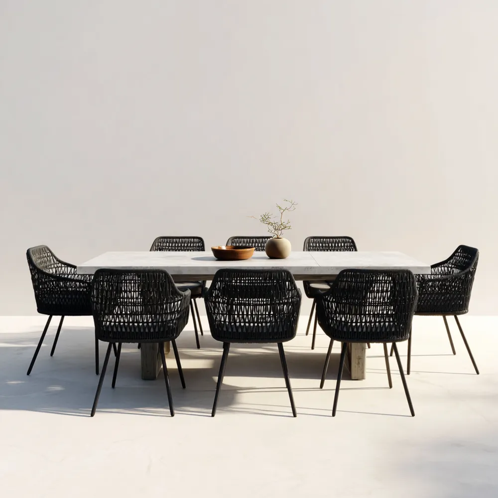 Garten-Esstisch-Set Metall/Rattan 200x100x75 cm - Schwarz - Modernes Design