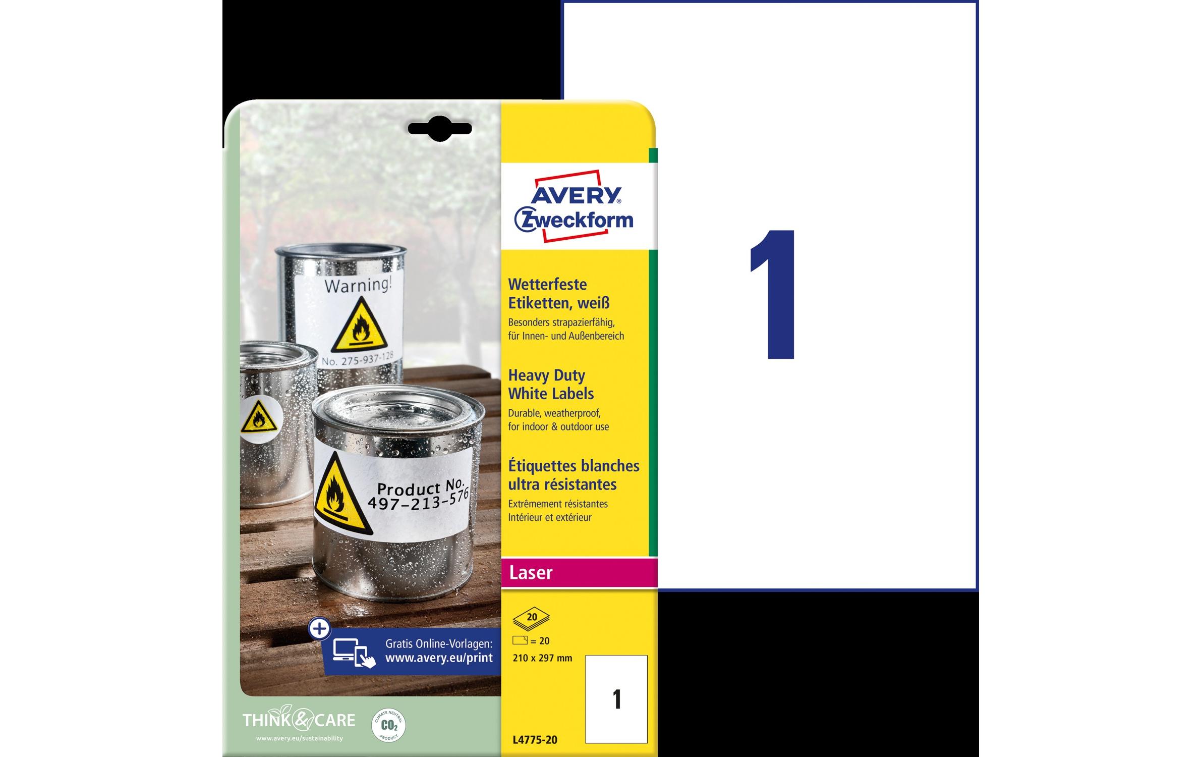Universal-Etiketten L4775-20 210 x 297 mm WetterfestWeisse, permanent haftende Universal-Etiketten