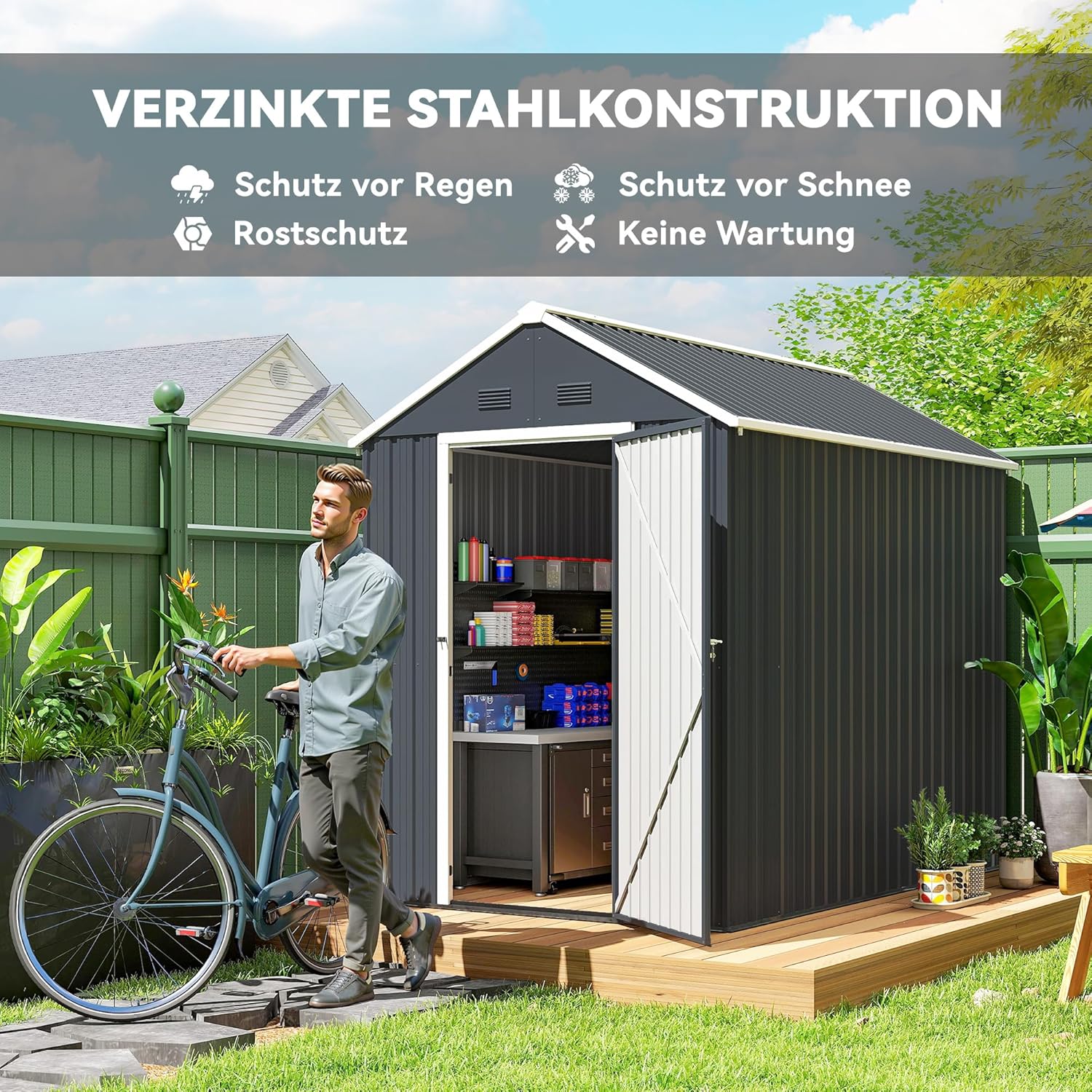Outsunny Geräteschuppen 4㎡, Stahl Gartenhaus mit Fenster 259 x 172 x 222 cm abschließbares Gerätehaus, Gartenschrank für Terrasse, Balkon, Dunkelgrau
