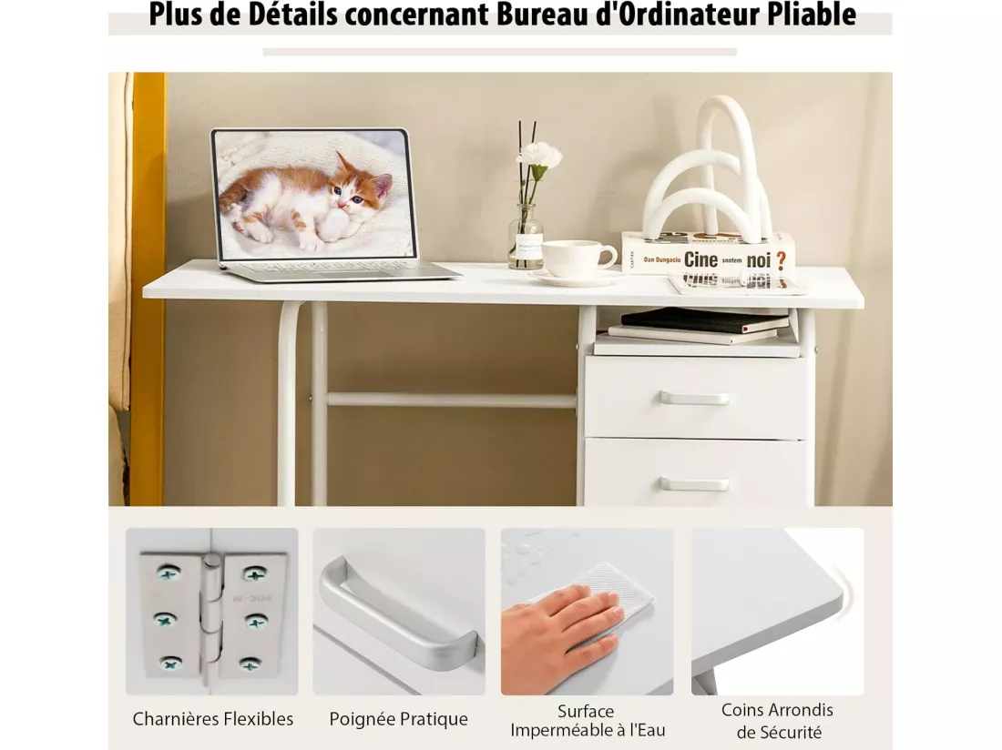 Bureau Pliable avec 3 Tiroirs, Table d'Écriture Roues Verrouillables, Bureau à Domicile Roulant avec Cadre en Métal, Bureau Compact pour Dortoir, Appartement Blanc
