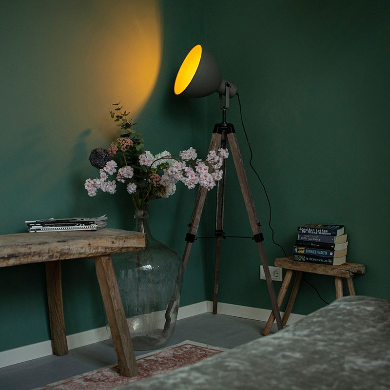 Smart industriële tripod vloerlamp hout met grijs incl. wifi A60 - Laos