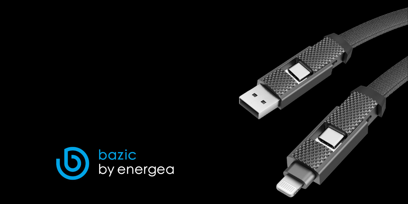 Bazic (by Energea) - (15cm) 60W 2in1 USB C / USB A auf USB C / Lightning GoCharge Ladekabel Fast Charging PD Datenkabel (CBL-GC4N1-BLK015) - Schwarz