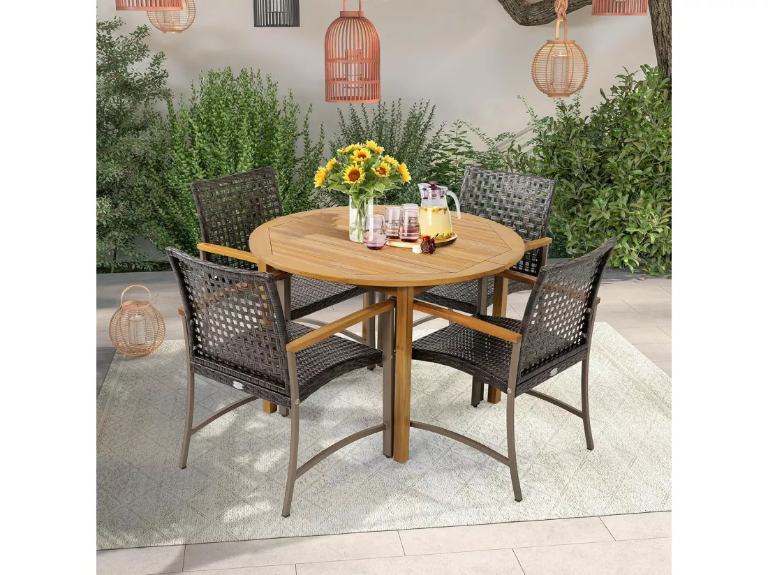 Lot de 4 Chaises de Jardin Empliables en Rotin, Fauteuil d'Extérieur avec Accoudoirs en Bois d'Acacia et Structure Métallique Robuste, pour Balcon, Cour, Bord de Piscine, Charge 180 KG