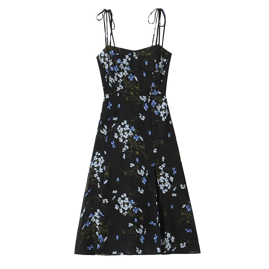 Omelia - Midi-a-lijnjurk met spaghettibandjes en bloemen