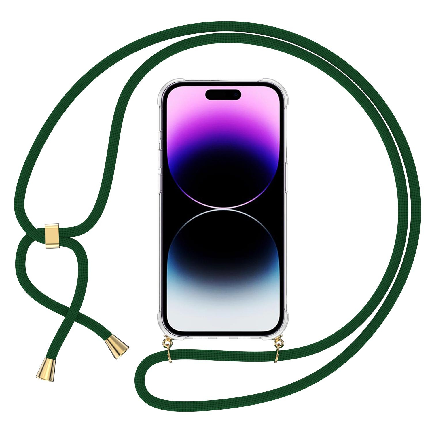 iPhone 14 Pro Necklace Gummi Hülle Air Cushion Fallschutz   Handykette (150cm) - Transparent / Dunkelgrün
