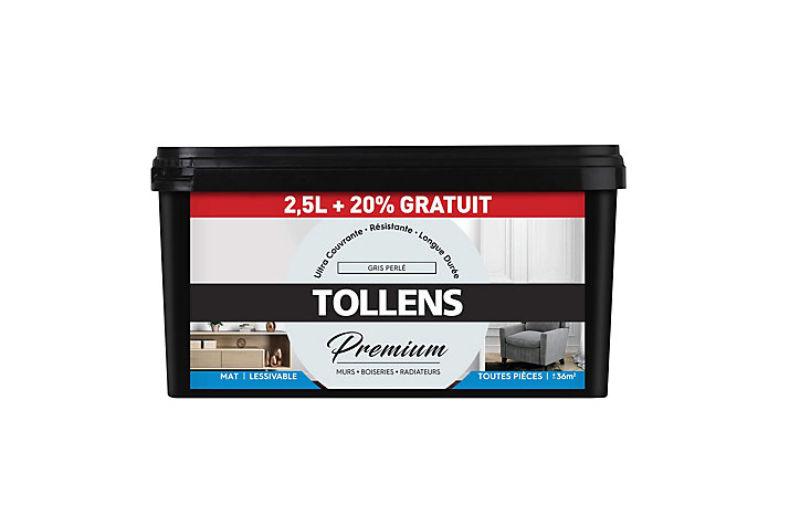 Peinture Tollens premium murs, boiseries et radiateurs mat gris perle 2,5L +20% gratuit