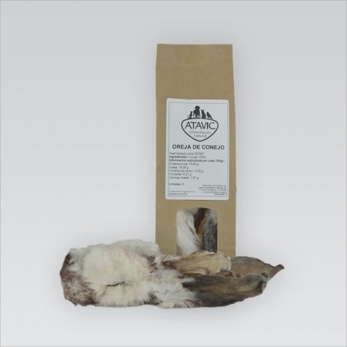 Orelha de coelho desidratada com pelo para cães, sabor coelho.