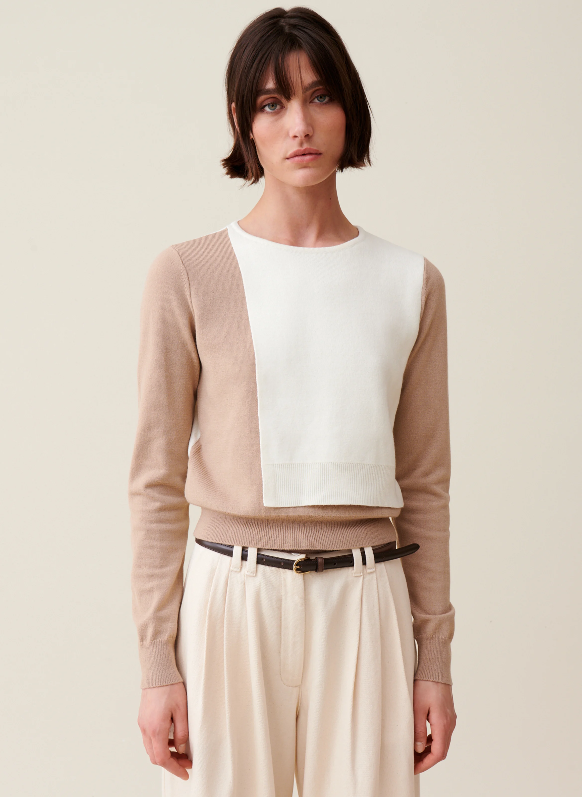 Pull col rond en laine mélangée | Beige