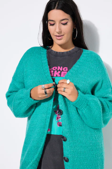Strickjacke, oversized, V-Ausschnitt, türkisgrün