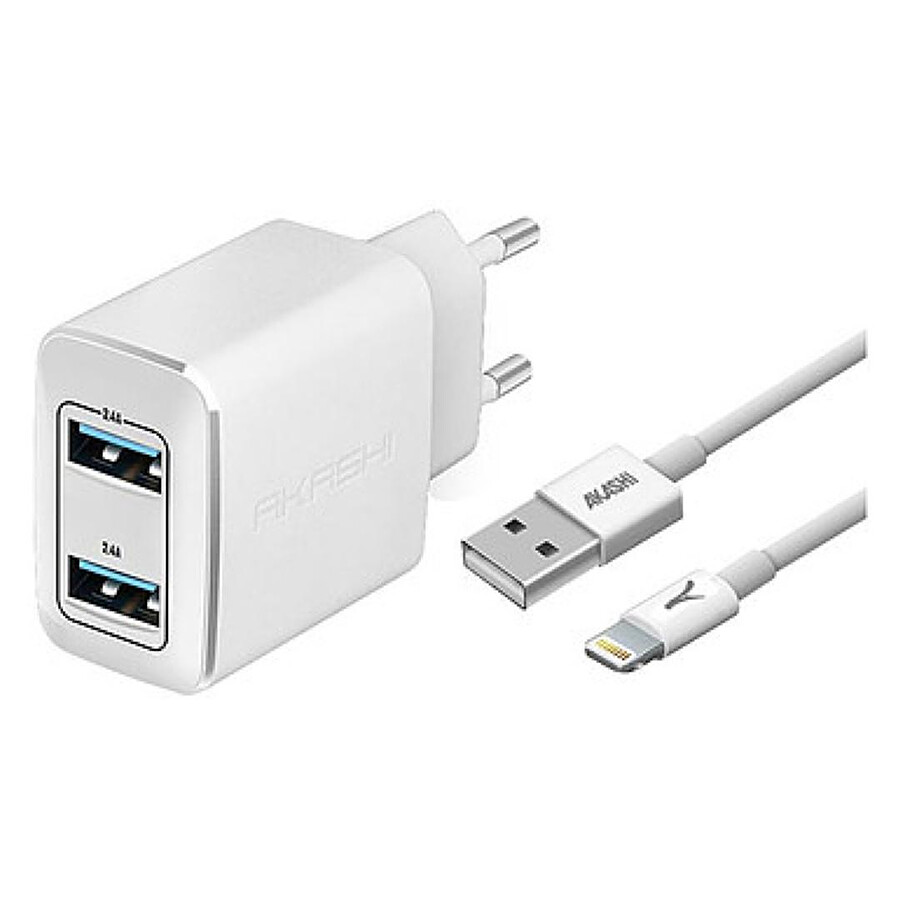 Akashi Chargeur Secteur 2.4A 2xUSB + Câble Lightning