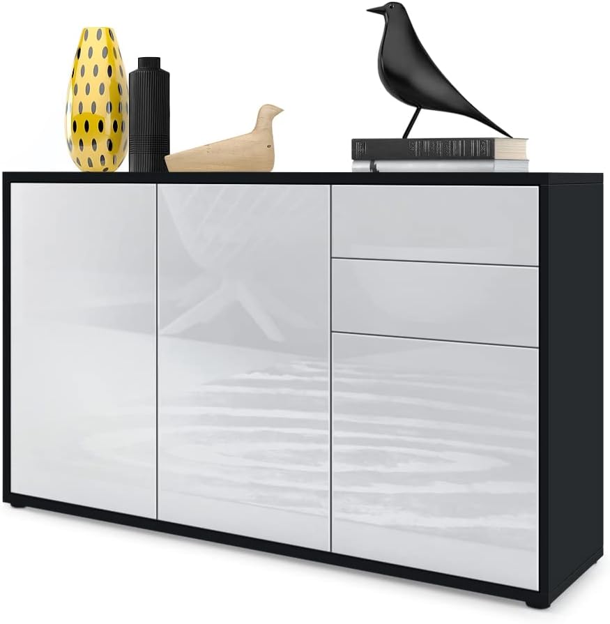 Vladon Sideboard Ben V3, Kommode mit 3 Türen und 2 Schubladen, Schwarz matt/Weiß Hochglanz (117 x 74 x 36 cm)