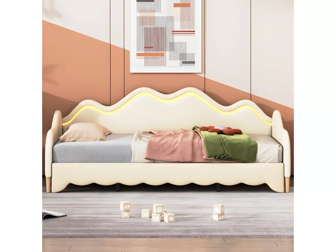 Lit gigogne tirable 90(180)x190 cm - en similicuir - avec éclairage LED et sommier à lattes - Beige