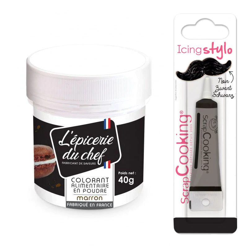 Colorant alimentaire en poudre marron 40 g + Stylo glaçage noir Scrapc