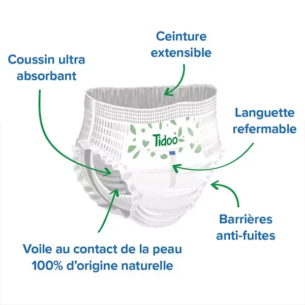 Fraldas-calça ecológicas Tidoo, tamanho 5 (12-18 kg), pacote com 28 unidades.