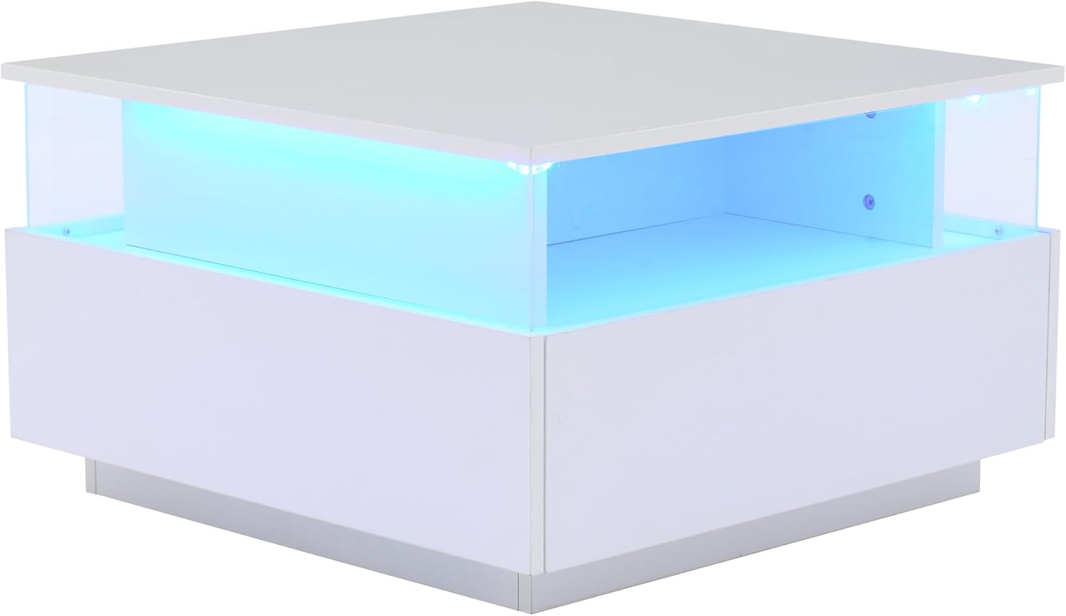 Merax Couchtisch in Hochglanz Weiß, quadratischer Wohnzimmertisch mit LED Beleuchtung, Kaffeetisch mit 2 Schubladen und Transparenter Ausstellungsbereich, Sofatisch Beistelltisch Teetisch für Büro