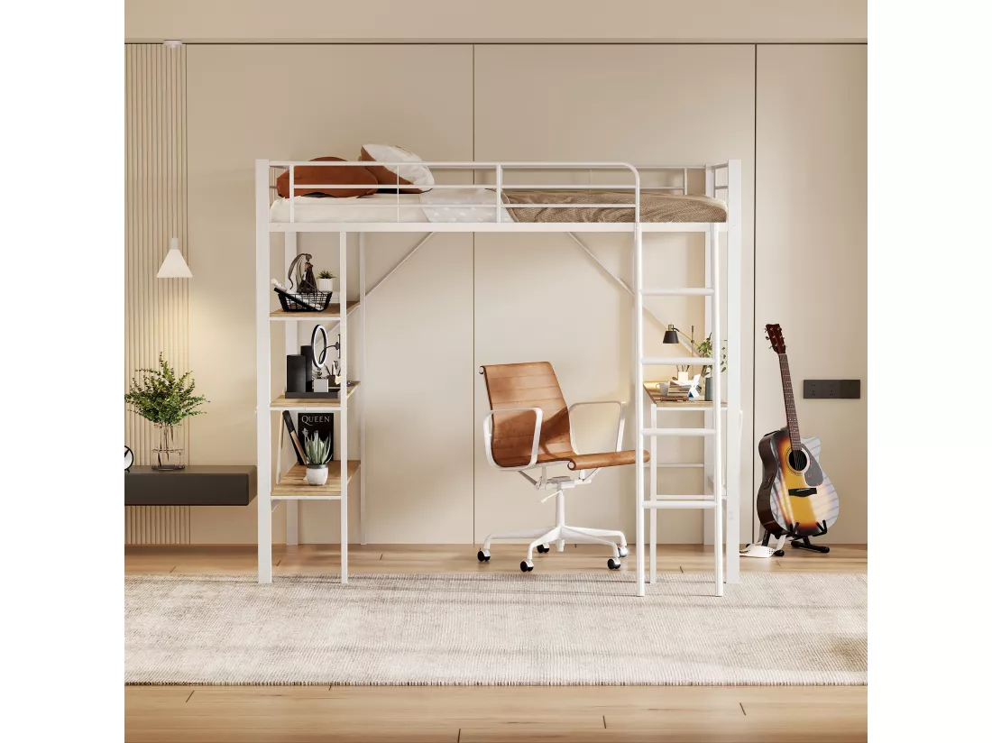 Lit mezzanine en fer - 90x200cm - avec bureau et 3 étagères - Blanc