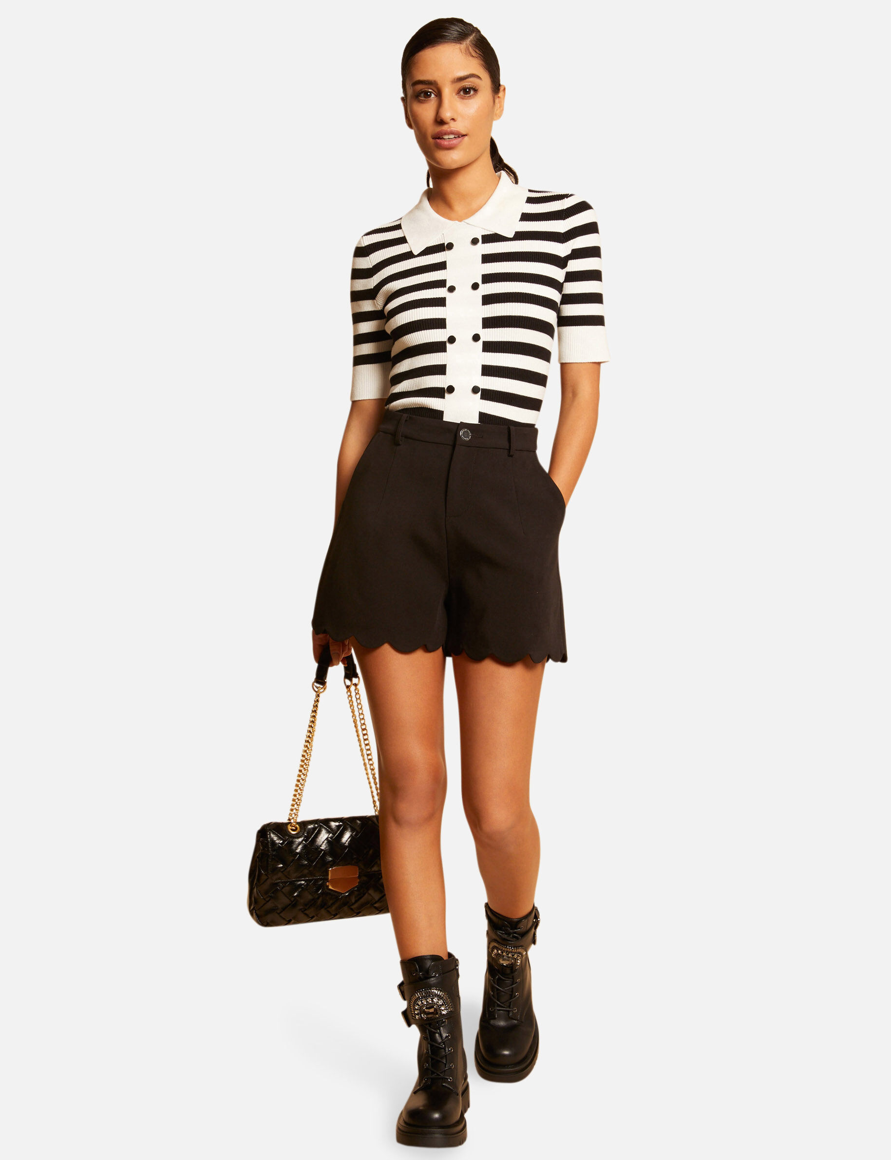 Pull manches courtes à rayures noir femme - noir