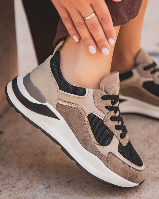 Basket femme beige et noire à lacets - CL58 TAUPE