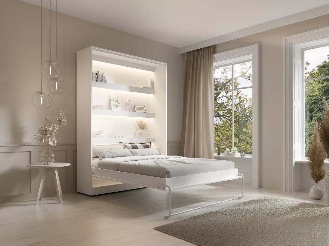 Lit escamotable 140 x 200 cm - Ouverture verticale manuelle - Avec LEDs - Blanc + Matelas - RAPILI