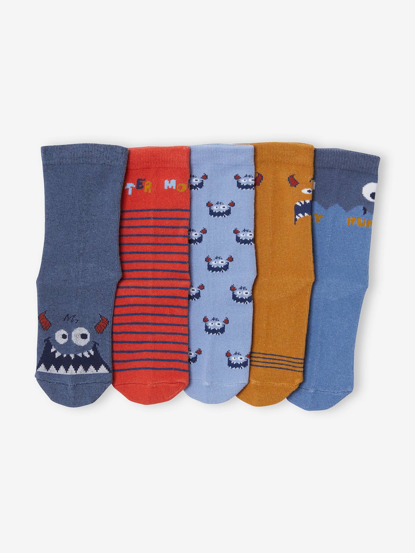 Pacote com 5 pares de meias Monsters, azul médio, bicolor/multicoloridas