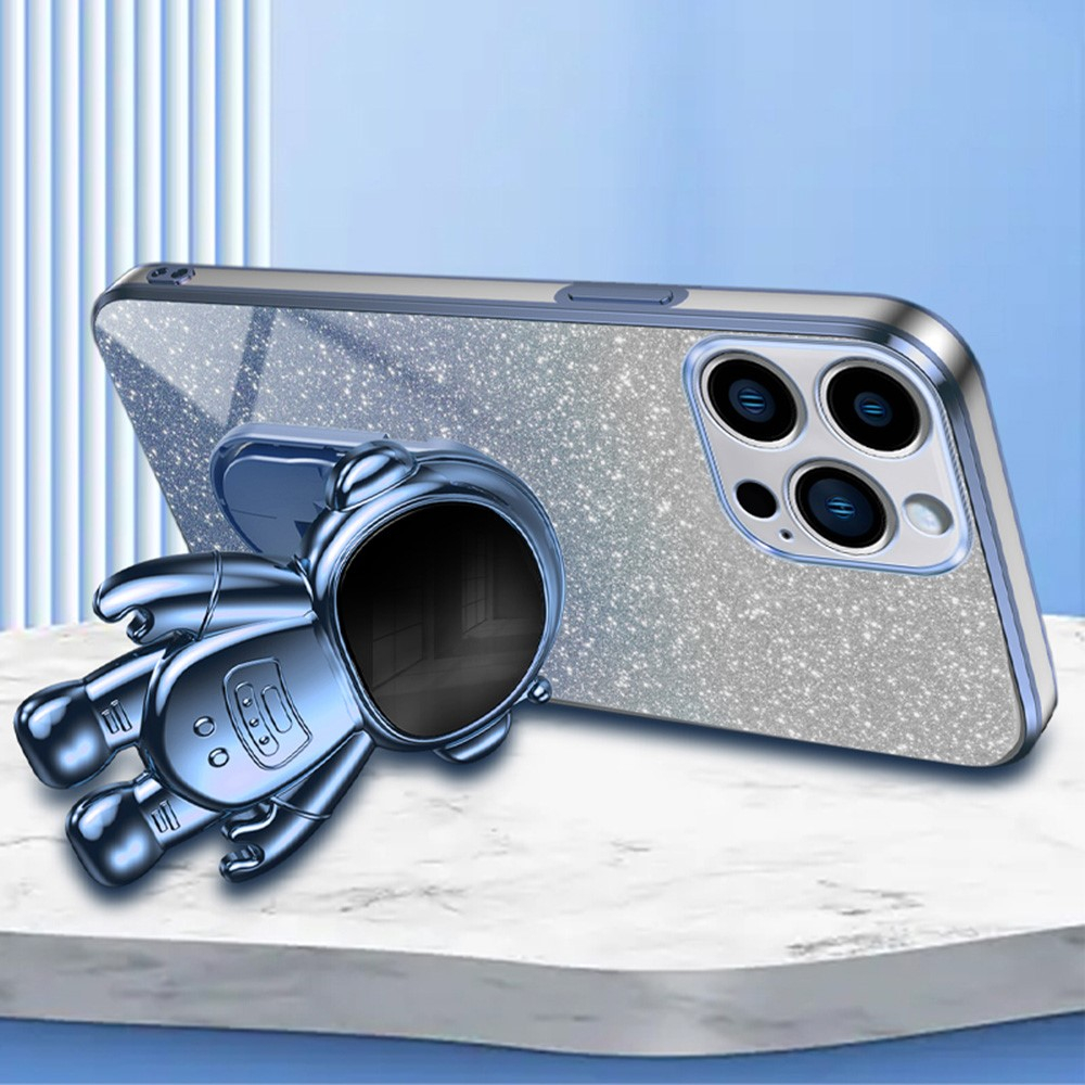 iPhone 14 Pro Max Hybrid Hardcase Glitzer Hülle   Astronauten Kickstand Aufsteller   Kameraschutz - Blau / Silber