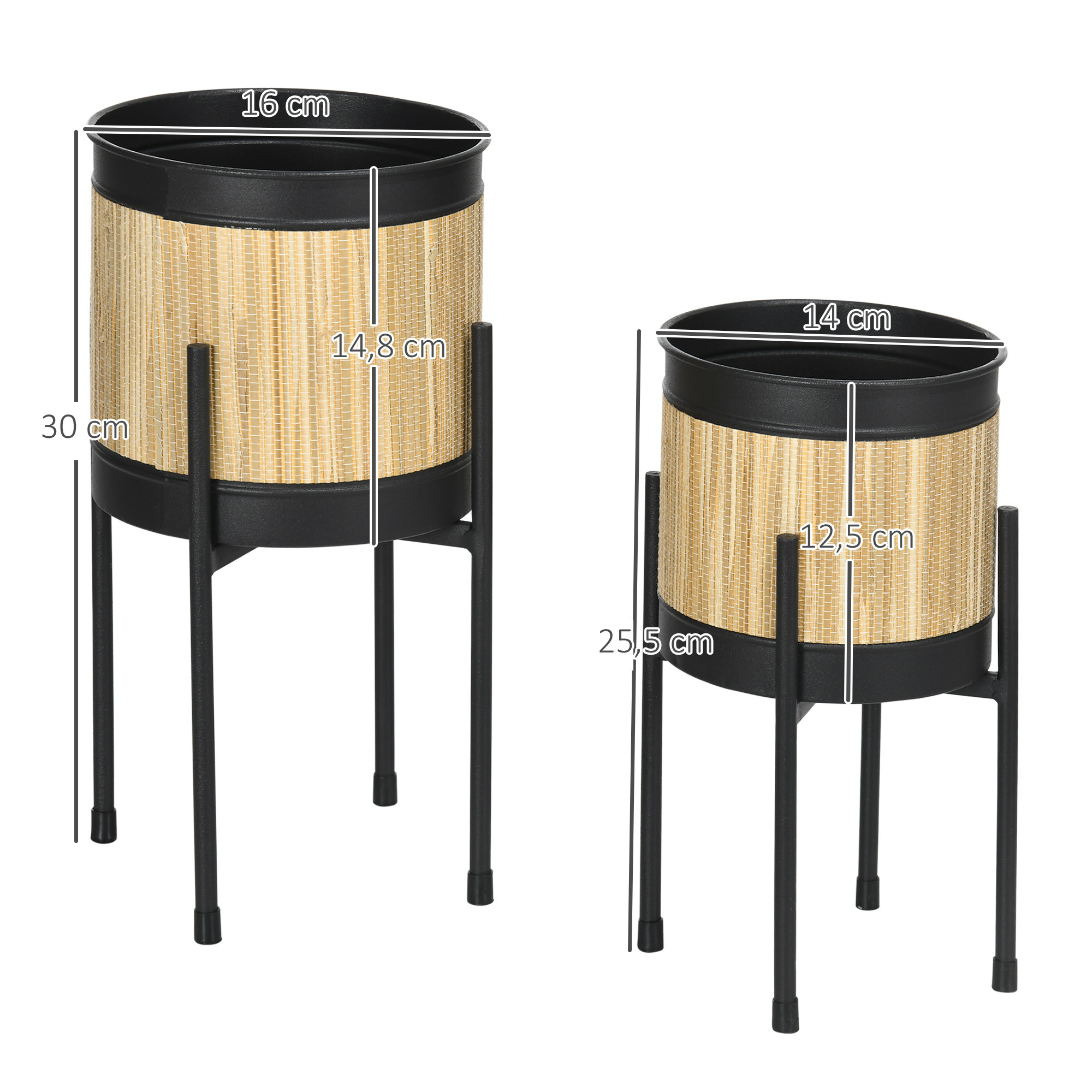 Conjunto Outsunny com 2 suportes metálicos para plantas com tampa em formato de totora, suportes redondos para vasos de flores para sala de estar, cozinha e quarto, Ø16x30 cm e Ø14x25,5 cm, preto.