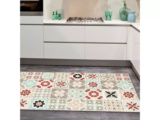 Tapis couloir 80x300 rouge et bleu motif carreaux de ciment CAROMENT B