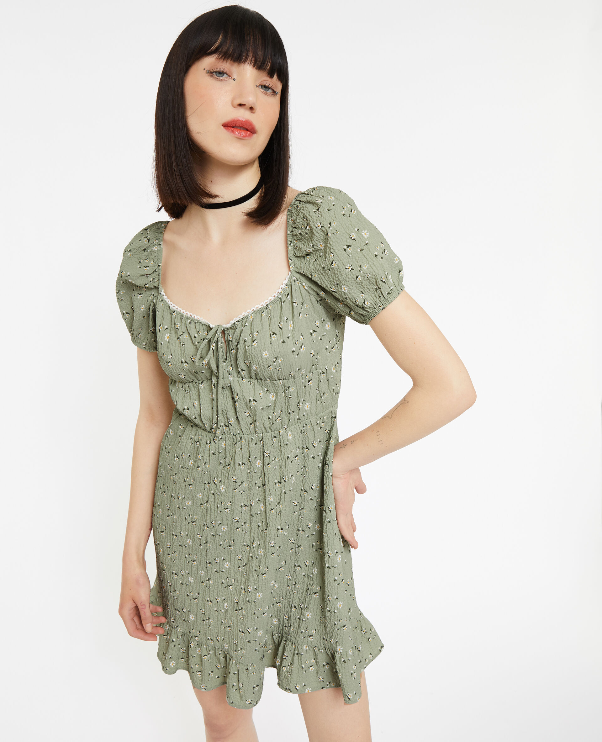 Robe courte forme empire motif fleurs - Vert kaki