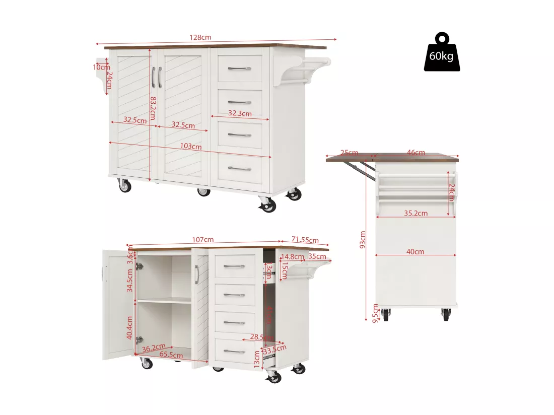 Ilot central de cuisine mobile avec 2 portes, 2 tiroirs et porte-serviettes - Plateau extensible - 128x46/71x93 cm - MDF - Blanc + marron